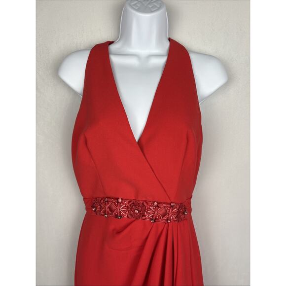 NEW Badgley Mischka Sleeveless Gown Womens 4 Red Jewel Floral Accent Ruffle Slit - Picture 2 of 12